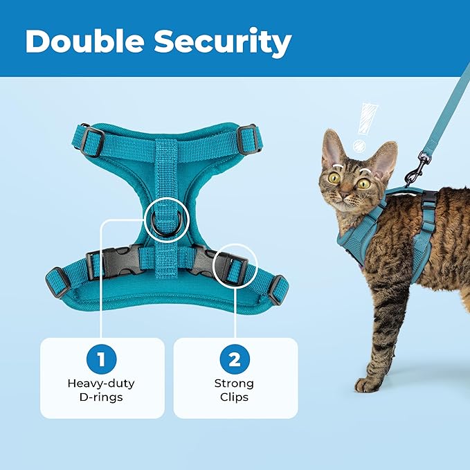 Voyager Escape Proof Cat Harness and Leash Set with Reflective Stitching, Neoprene Handle 5ft - Supports Small, Medium and Large Cats, Kittens for Walking by Best Pet Supplies - Turquoise, XS