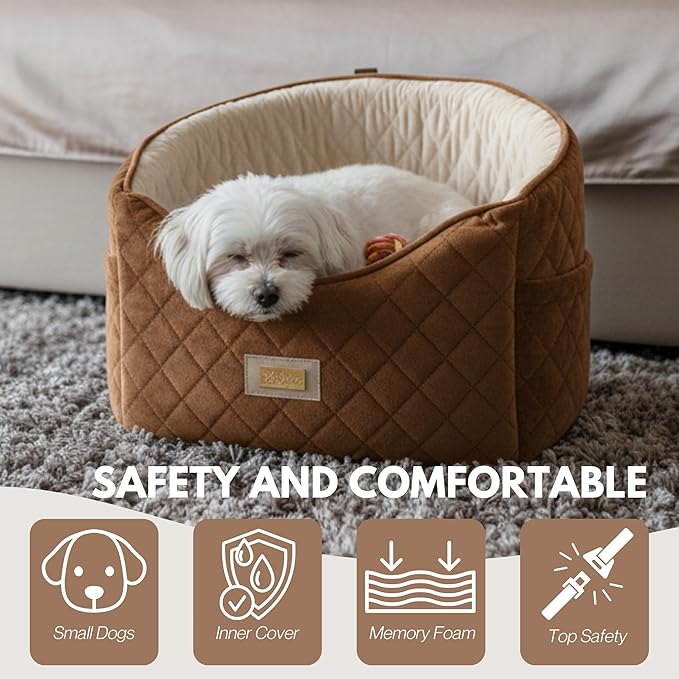 Premium 2-in-1 Dog Car Seat & Home Bed for Small Dogs – Premium Travel Pet Bed with Safety Straps, Stylish Design, Soft Plush Cushion & Secure Portable Comfort – Under 30lbs (Brown)