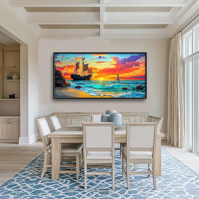Framed Large Ship Wall Art for Living Room, Oversized Coastal Beach Boat Wall Decor Nautical Seascape Sailboat Canvas Painting Modern Artwork Home Decoration for Living Room Bedroom 60"x30"