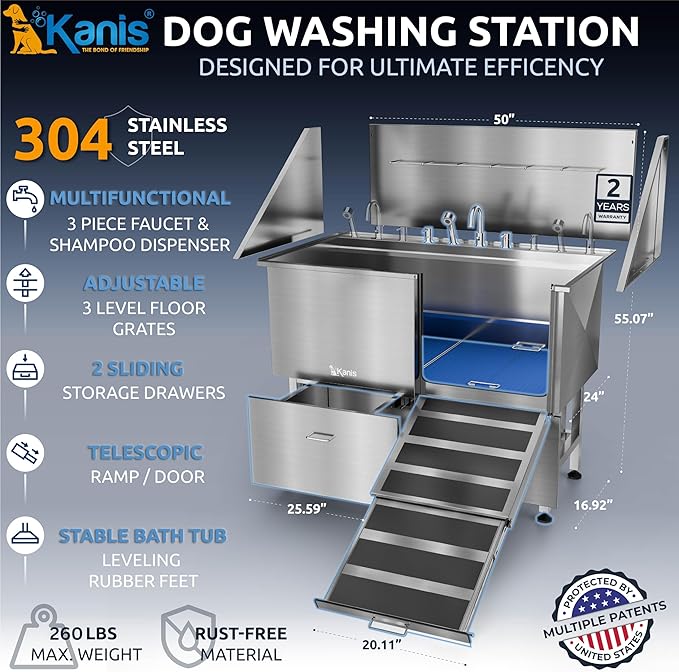 KANIS Professional Dog Washing Station - 304 Stainless Steel Pet Wash Sink & Grooming Bath Tub for Home with Ramp, Shower, Floor Grate, Storage Drawers, and Faucet for Large, Medium & Small Pets
