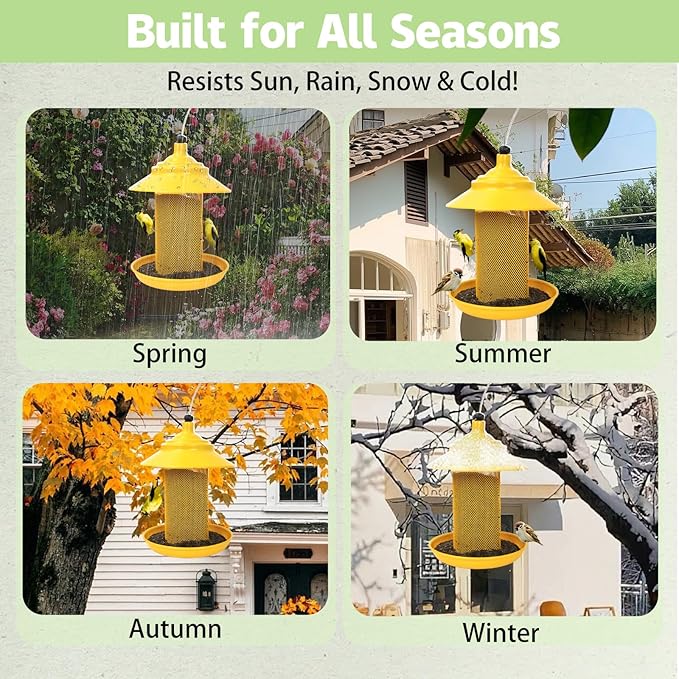 Finch Feeder - All-Metal Squirrel Proof Thistle Nyjer Seed Bird Feeder for Outdoors, 2.5LB Capacity, Powder-Coated Rust Resistant Mesh Design for Goldfinches & Small Birds Yellow