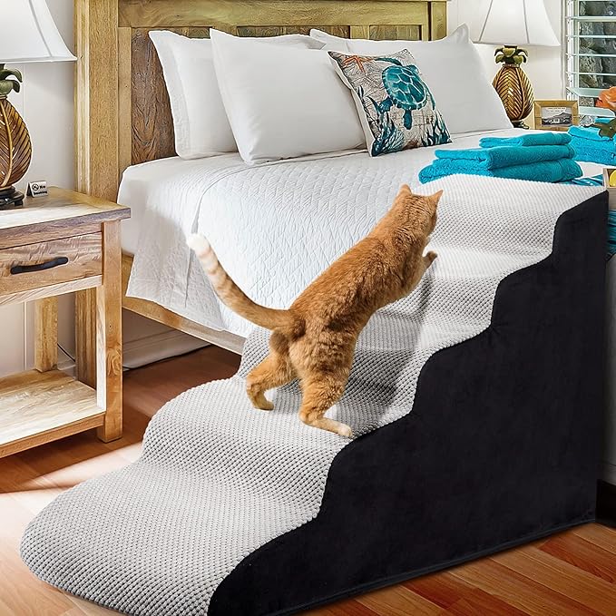 Dog Stairs&Steps for High Beds Up to 28'', 5-Step Dog Ramp for Small Medium Dogs with Washable Cover, Pet Steps for Cats to Get on Couch and Sofa, Durable Foam Ladders, 24.4" Tall, Grey