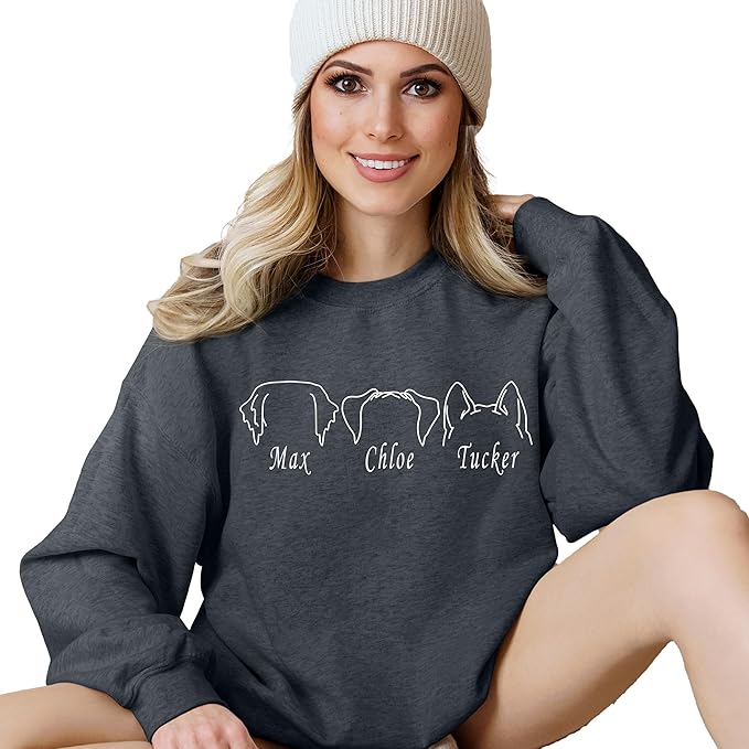 Custom Dog Mom Shirt for Women Pet Ears Sweatshirt with Name Unique Puppy Line Art Cute Dad Hoodie for DogDad Owner Lover