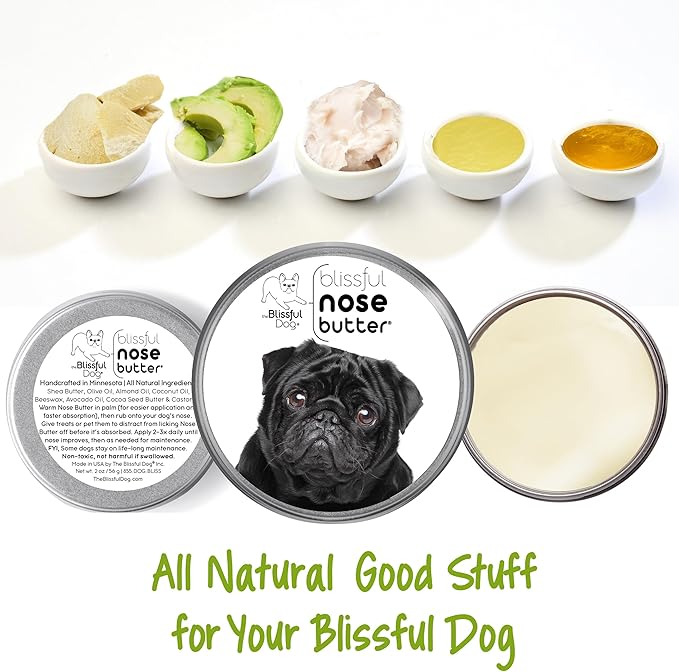 The Blissful Dog Black Pug Nose Butter for Dry, Cracked Skin, Lick-Safe Dog Nose Balm with Moisturizing Shea Butter, Almond, Olive, and Essential Oils, Pet Supplies, Uncented, 8 oz.