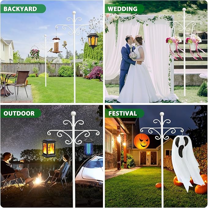 Bird Feeder Pole for Outdoors Heavy Duty Squirrel Proof, 2 Pack 76 Inch Adjustable Tall Shepherds Hooks for Outdoor with 7 Prongs Base, Double Shepherd Hooks (2 Pack White, 76 Inch)