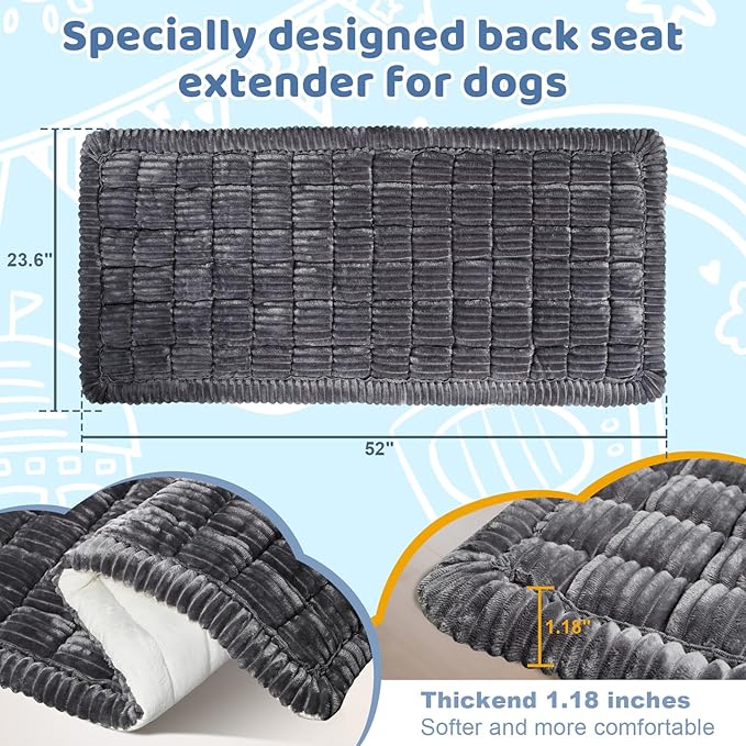 Backseat Dog Bed Mat for Car: 23.6" x 52" Non-Slip Dog Bed for Back Seat - Soft and Comfortable Dogs Blanket - Washable Travel Pet Mat Seat Protector Fit for Back Seat Cover, Grey