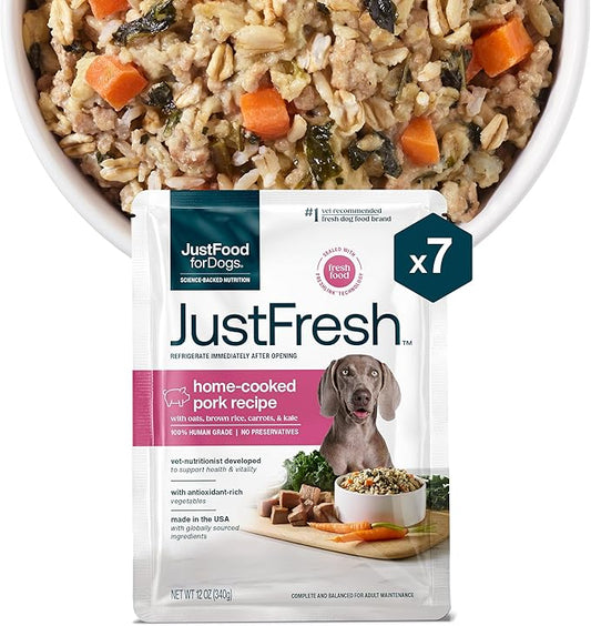JustFoodForDogs JustFresh Wet Dog Food, Fresh Pet Meals and Toppers with No Preservatives, Resealable Package, Human Grade, Home-Cooked Pork, 12 oz - 7 Pack