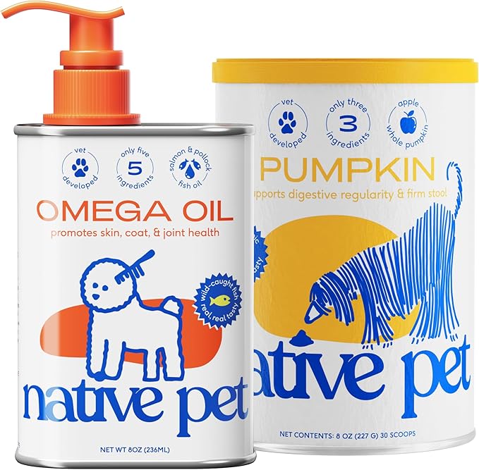 Native Pet Omega Oil for Dogs & Pumpkin for Dogs | Dog Fish Oil Supplements | All-Natural, Organic Pumpkin Fiber for Dogs | 8 Oz. Omega Oil & Pumpkin Powder