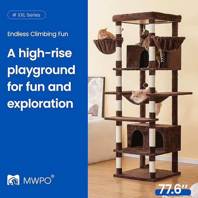MWPO Extra Large Cat Tree, 77.6-Inch Tall Cat Tower for Indoor Cats with 2 Condos, Multi-Level Cat Stand for Large Cats, 3 Hammocks, Wide Perch, Scratching Posts, Dangling Toys, Brown