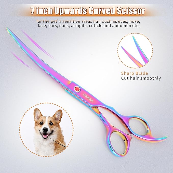 7.0in Titanium Professional Pet Grooming Scissors Set, GEMEK 6 in 1 Straight & Thinning & Upwards Curved & Downwards Curved Scissors & Comb for Dogs, Cats (Rainbow)