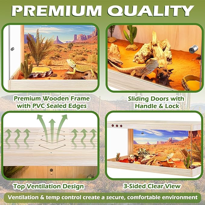 Royxen Tempered Glass Reptile Enclosure,Reptile Tank with Wooden Mesh Top and Lockable Design,79 Gallon Bearded Dragon Tank for Lizard Gecko Tortoise Snake Habitat,48" x 20" x 20",Oak