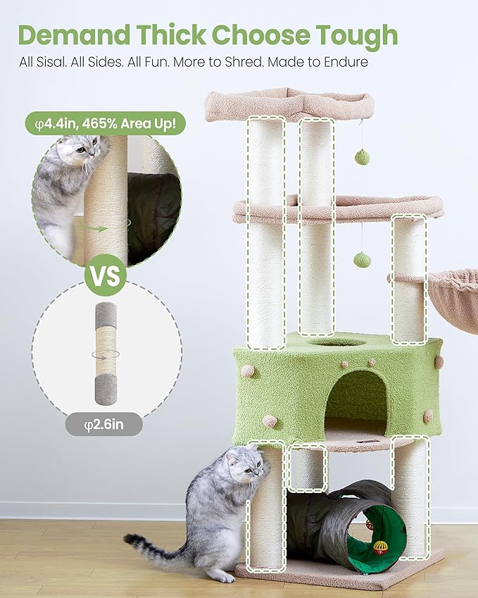 Cat Tree Tower for Indoor Cats Large Adult - Heavy Duty Extra Wide Scratching Post (φ4.4in) Maine Coon Condo House with Hammock Tunnel - 60 Inch XL Feline Bed Trees - Big Multi Level Cat Houses Stand
