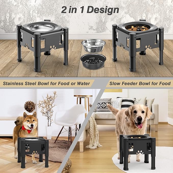 Lewondr Elevated Slow Feeder Dog Bowls, Raised Dog Food Bowls with 3 Heights (6.1", 7.7", 9.3") Adjustable Slow Feeder Bowl Non-Slip Bowl Stand for Medium Large Breed, Dishwasher Safe