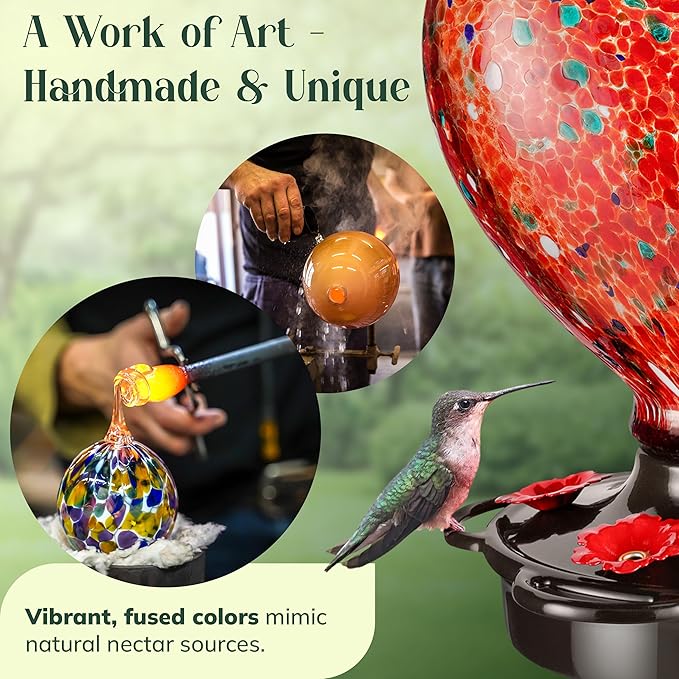 Hand Blown Glass Hummingbird Feeder for Outdoors All Season Use - 28 Fl. Oz. Leak Proof Hummingbird Feeder with Rust Proof Base - Includes Ant Moat, Ant & Bee Proof (Red)