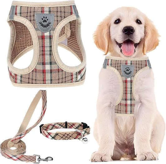 PUPTECK Adjustable Dog Harness Collar and Leash Set Step in No Pull Pet Harness for Small Medium Dogs Puppy and Cats Outdoor Walking Running, Soft Mesh Padded Reflective Vest Harnesses, Khaki M