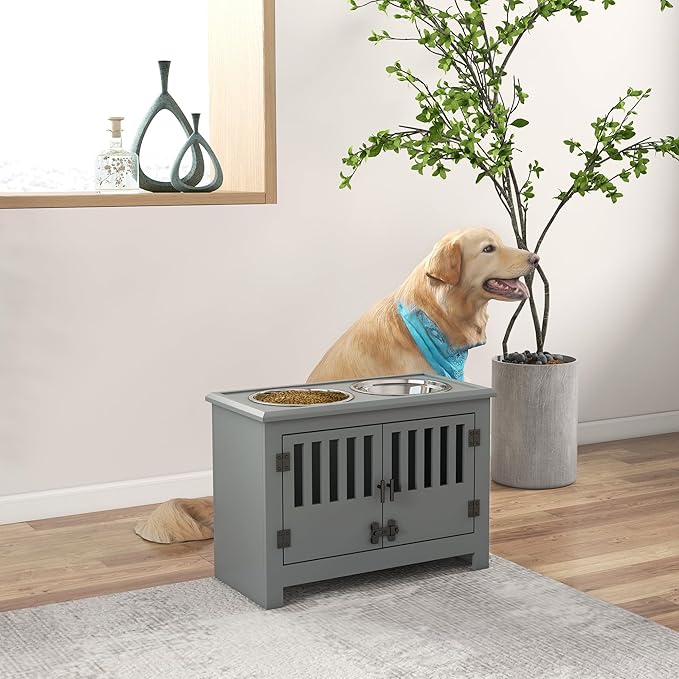 PawHut Large Elevated Dog Bowls with Storage Cabinet - 37L Capacity, Raised Dog Bowl Stand Feeding Station, Gray