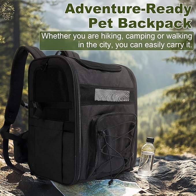 Dog Carrier Backpack for Small Dogs - Breathable Mesh Hiking Bag with Safety Buckle, Adjustable Straps and Standard Pad - Durable for Hiking (Fits Small Cats Too, Up to 17lbs, Black)