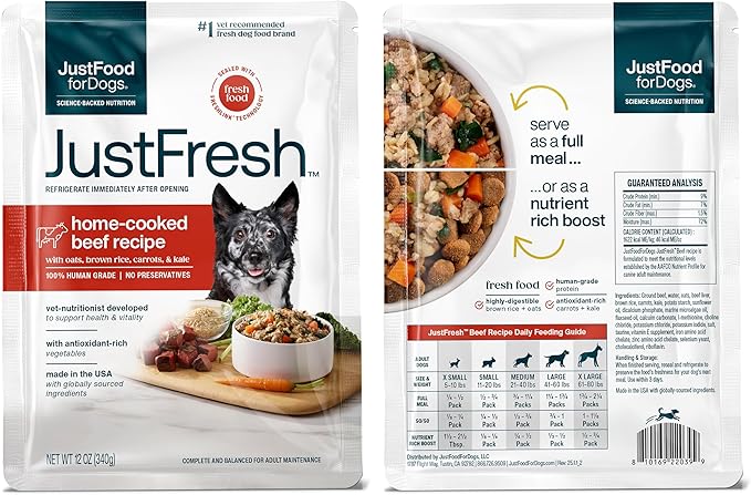 JustFoodForDogs JustFresh Wet Dog Food, Fresh Pet Meals and Toppers with No Preservatives, Resealable Package, Human Grade, Home-Cooked Beef and Chicken Variety, 12 oz - 8 Pack