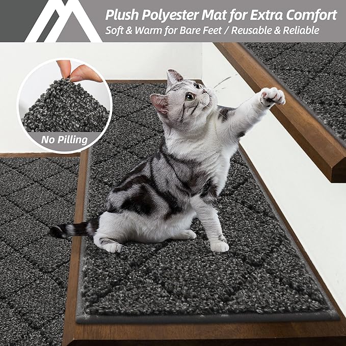 COSY HOMEER Edging Stair Treads Non-Slip Carpet Mat 28inX9in Indoor Stair Runners for Wooden Steps, Edging Stair Rugs for Kids and Dogs, 100% Polyester TPE Backing (15pc, Black)