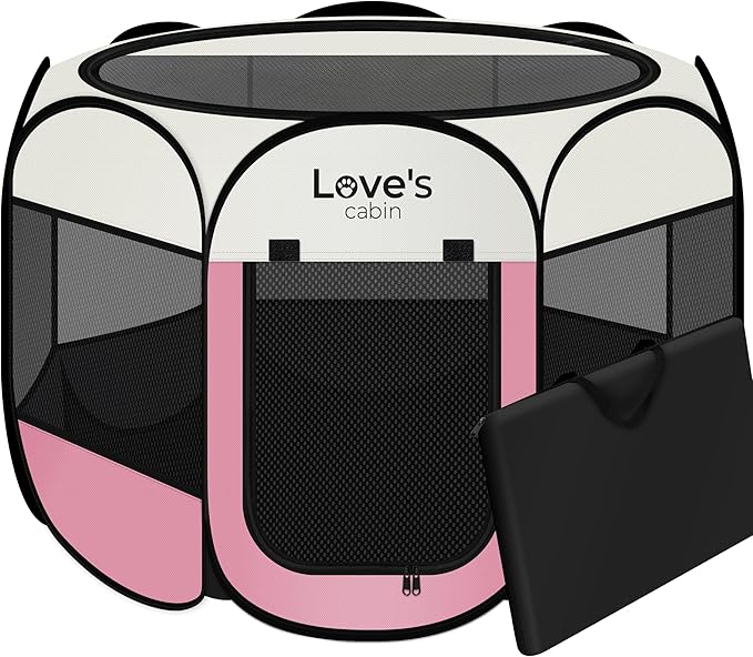 Love's cabin Pet Puppy Dog Playpen, Large Dog Tent Crates Cage Indoor/Outdoor, Portable Playpen for Cat, Foldable Pop Up Dog Kennel Playpen with Carring Case, Removable Zipper Top, Pink