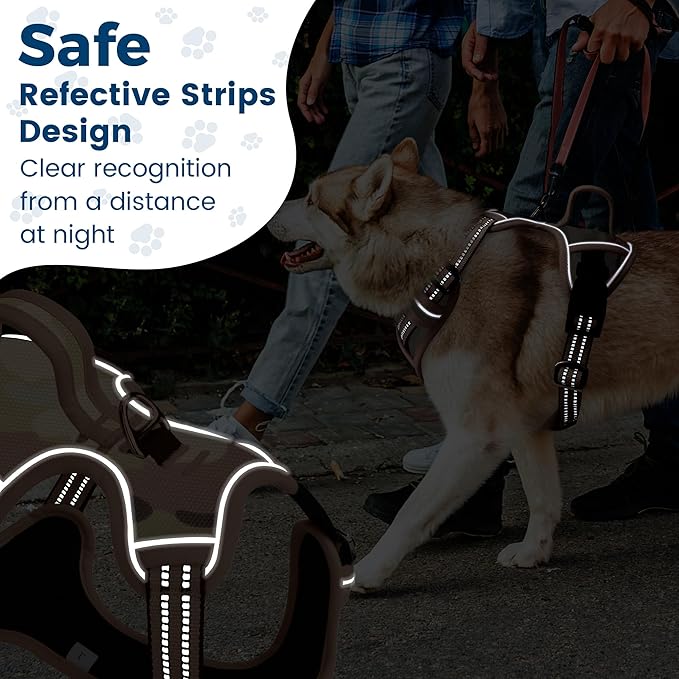 Funfox Dog Harness No Pull, Adjustable Pet Vest Harness, Super Soft Material with Vertical Handle Easy Control, Reflective Night Walking, 2 Leash Clips for Large Dogs, Camo Brown, L