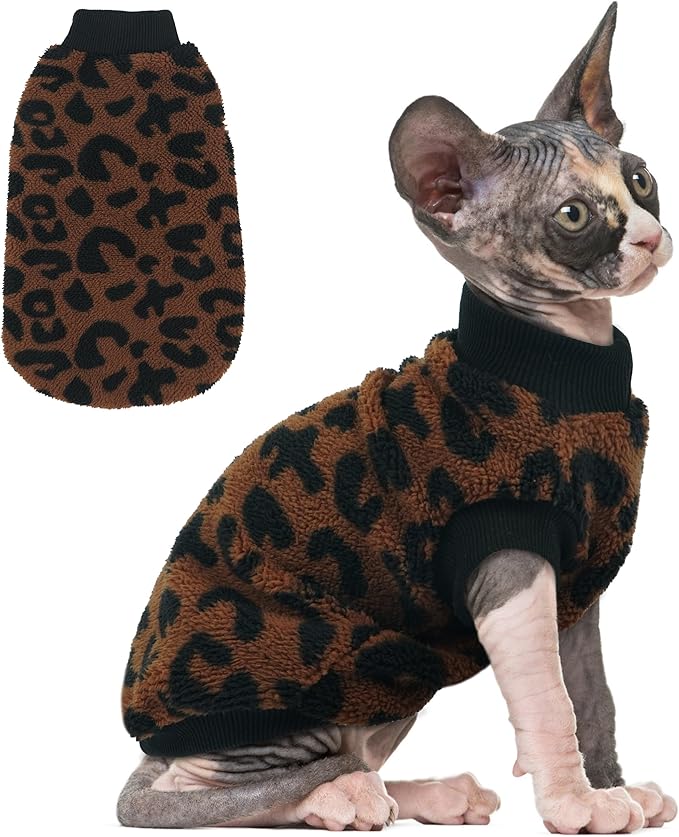PUMYPOREITY Winter Warm Cat Sweater - Super Soft & Elastic Knit with Plush Fleece, Easy-On Design with Ribbed Neck & Cuffs, Stretchy Cat Outfit for Indoor/Outdoor Use,Brown, S