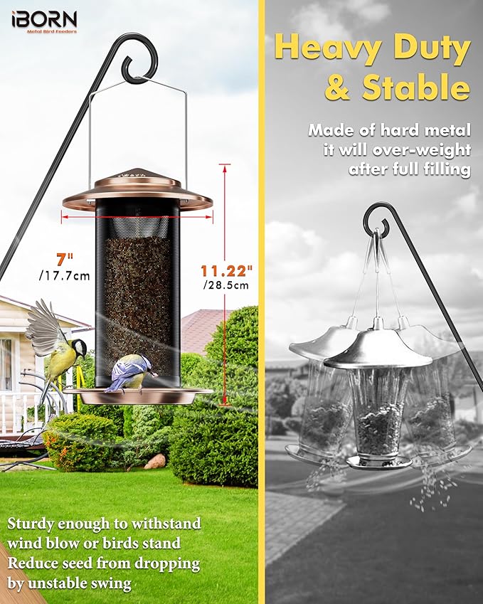 iBorn Bird Feeders for Outdoors, All Metal Mesh Tube, Holding Bird Seed for Outside Feeders,18cm Large Roof, Copper, 2.8lb(Seed is not Included)