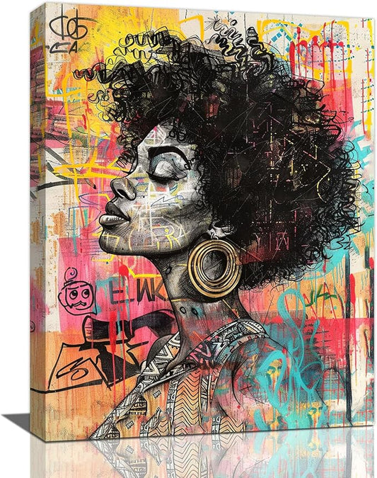 Quorin African American Wall Art Banksy Graffiti Black Woman Pictures Black Girl Wall Decor Canvas Print Painting Artwork for Bathroom Living Room Bedroom 12"x16"
