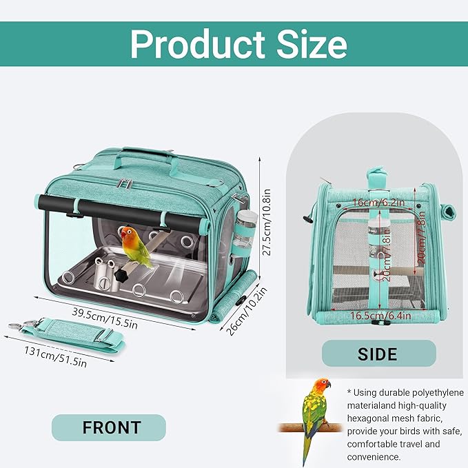 Sanmoncare Airline Approved Bird Carrier, Indestructible Stainless Steel Mesh Parrot Travel Cage, Cockatiels Travel Carrier Lightweight and Portable with Water Bottle and Bowl