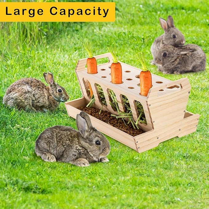 DOUBFIVSY Rabbit Hay Feeder, Large Capacity Wooden Hay Feeder for Rabbits Guinea Pigs Chinchillas, Pet-self Feeding Hay Manager Alfalfa Timothy Dispenser Grass Holder Carrot Feeders for Bunny