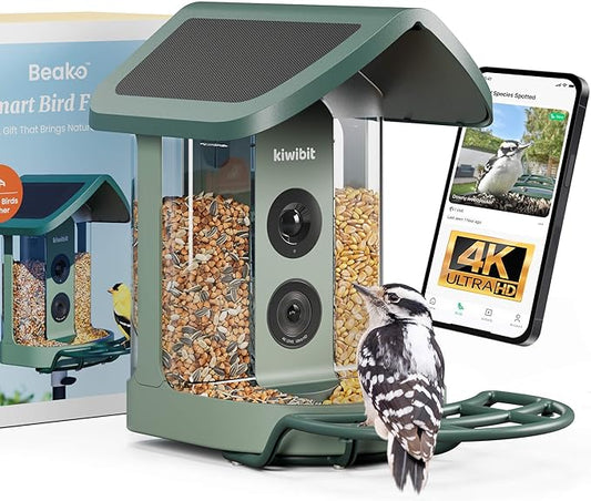 Beako™ Smart Bird Feeder with 4K Camera 4.4W Solar Roof for Outdoors - Ultra HD Live Stream & Photos, 10,000+ Bird Species AI-Identified, Real-Time Motion Detection, Easy Setup, Refill & Clean