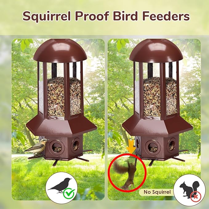 Professional Squirrel Proof Bird Feeders - Sorflife Large Capacity 5.06 lbs, Reliable and Rust Resistant Metal Bird Feeding Station for Prevents Squirrels from Stealing Food and Easy Refilling Brown