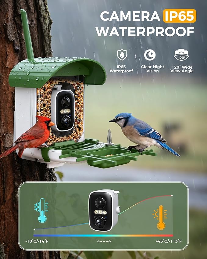 Bird Feeder with Camera, 10000 AI Smart Bird Feeders Solar Powered, 2.4G WiFi, 2K HD and Instant Alerts, Outdoors Squirrel Proof Birds Feeder, Ideal for Parents, Lovers(Green)