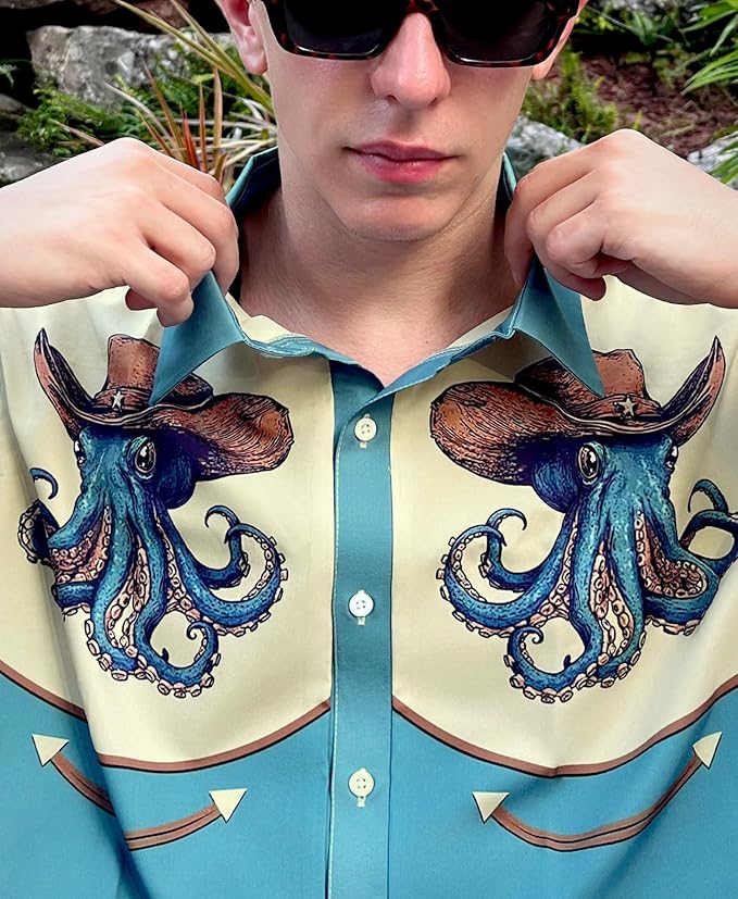 Men’s Hawaiian Shirt Western Cowboy Symmetrical Print Short Sleeve Button Down Casual Beach Holiday Summer Shirt