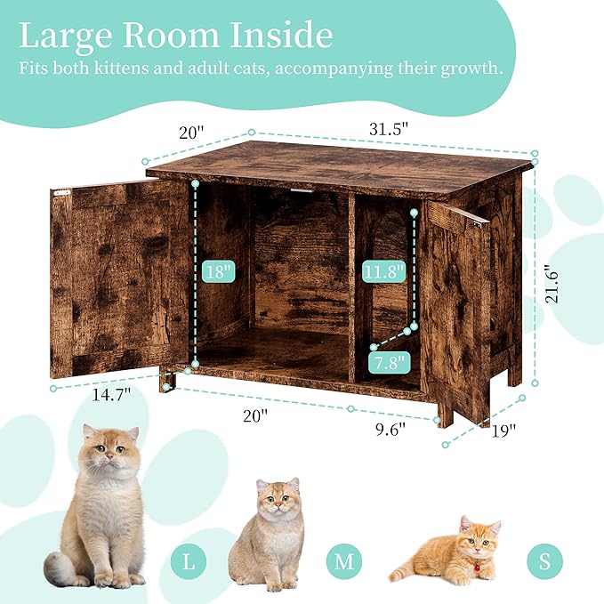 Vongrasig Cat Litter Box Enclosure,Litter Box Furniture Hidden with Barn Door,Wooden Cat Washroom Furniture,Cat House,End Table, Fit Most of Litter Box, Brown
