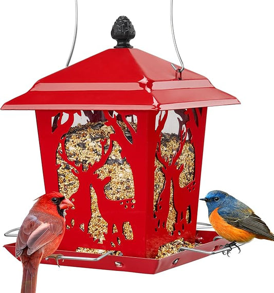 Kingsyard Metal Bird Feeder for Outdoor Hanging - Unique Design Wild Bird Hopper Feeder with 4 Perches and Rainproof Roof, Red