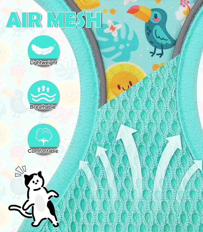 Halypet Cat Harness and Leash Set[MAX Safety 4th-Gen] Cute Escape Proof Vest Harness for Girl&Boy Cat Walking, Comfortable Adjustable Leash and Reflective Strips for Outdoor Kitten, S Green Tropics