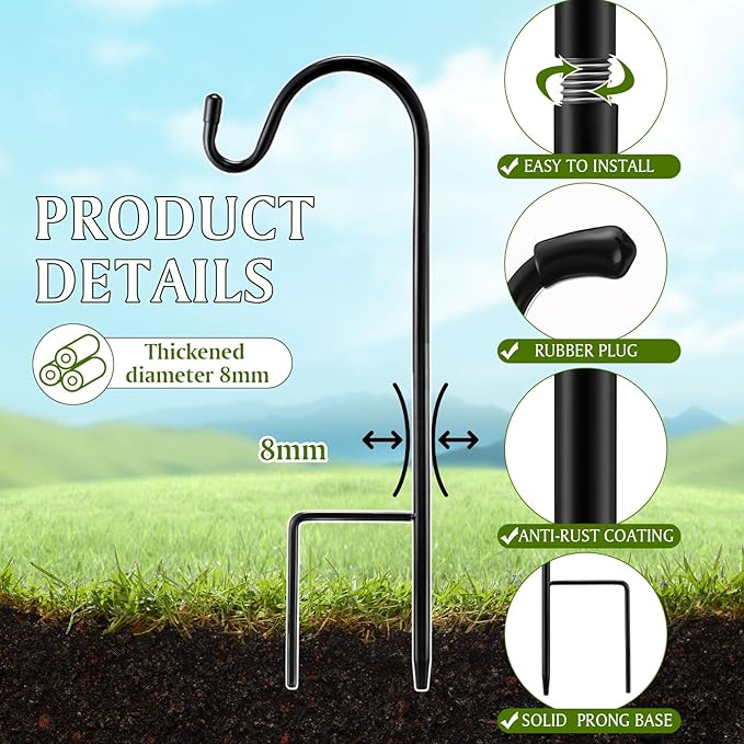 15inch 12 Pcs Adjustable Shepherds Hook for Outdoor Metal Rust Resistant Steel Shepard Hooks for Bird Stand Feeder Pole, Weddings Decor, Garden Plant Basket, Outside Hanging Solar Lights
