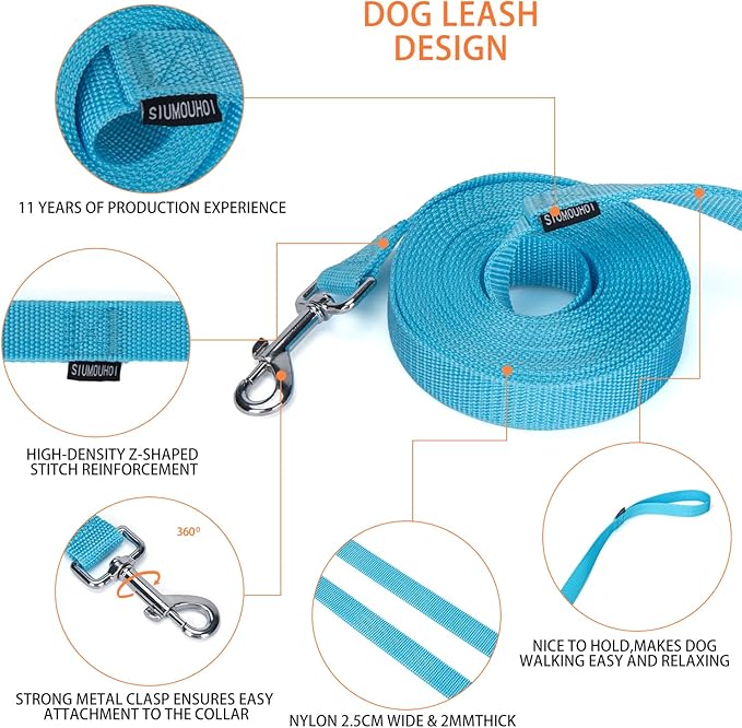 Strong Durable Nylon Dog Training Leash, 1 Inch Wide Traction Rope, 6 ft 10ft 15ft Long, for Small and Medium Dog (Mint Blue, 15 Feet)