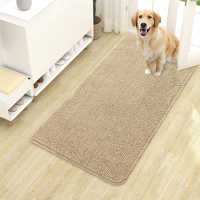 OLANLY Dog Door Mat for Muddy Paws 40x24, Absorbs Moisture and Dirt, Absorbent Non-Slip Washable Doormat, Quick Dry Chenille Mud Mat for Dogs, Entry Indoor Entryway Carpet for Inside Floor, Beige