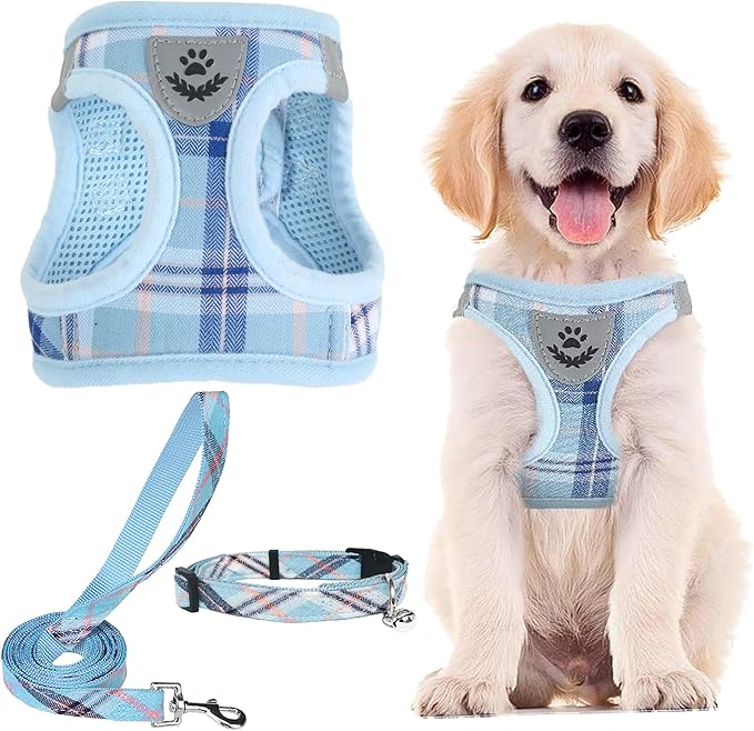 PUPTECK Adjustable Dog Harness Collar and Leash Set Step in No Pull Pet Harness for Small Medium Dogs Puppy and Cats Outdoor Walking Running, Soft Mesh Padded Reflective Vest Harnesses, Blue M