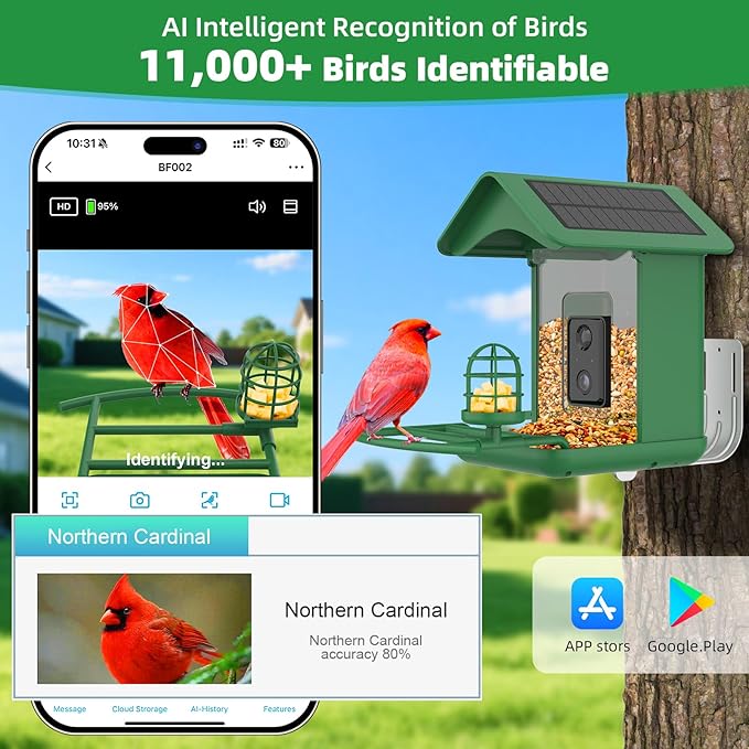 Smart Bird Feeder with Camera Solar Powered,AI Species Identify,2K HD Auto Capture Video,Instant Arrival Alerts,2L Large Capacity,IP65 Waterproof,Hummingbird Feeders for Outdoors,Gift for BirdLovers