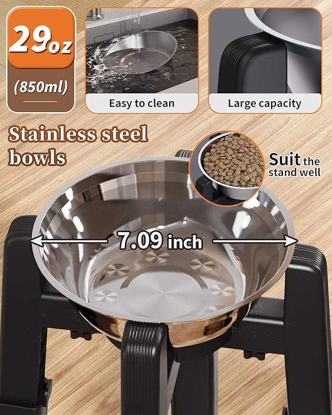 CZPET Dog Bowl Stand, 51 oz Large Capacity Raised Elevated Dog Food/Water Stainless Steel Feeder, Size and Height Adjustable & Anti-Slip Stand for Medium Dogs (2 Pack)