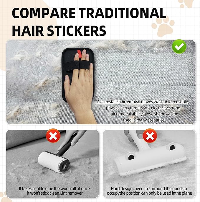 Pet Hair Remover, Reusable Electrostatic Pet Hair Remover Gloves – Double-Sided Grooming & Deshedding Gloves for Cats & Dogs, Pet Fur Removal for Furniture, Carpet, Couch & Clothing -2 PCS