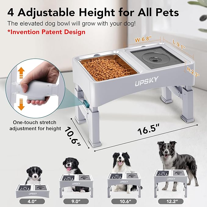 UPSKY 3-in-1 Elevated Dog Bowls: Slow Feeder, Adjustable Stand, No Spill Dispenser - Stainless Steel Food & Water Bowl for Small to Medium Dogs, White