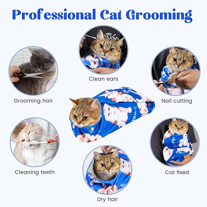 35.4“ Cat Wrap for Cutting Nails Self-Adherent Fabric Cat Wrap for Grooming Cat Restraint for Nail Clipping Anti-Escape Cat Calming Wrap Within 22lbs