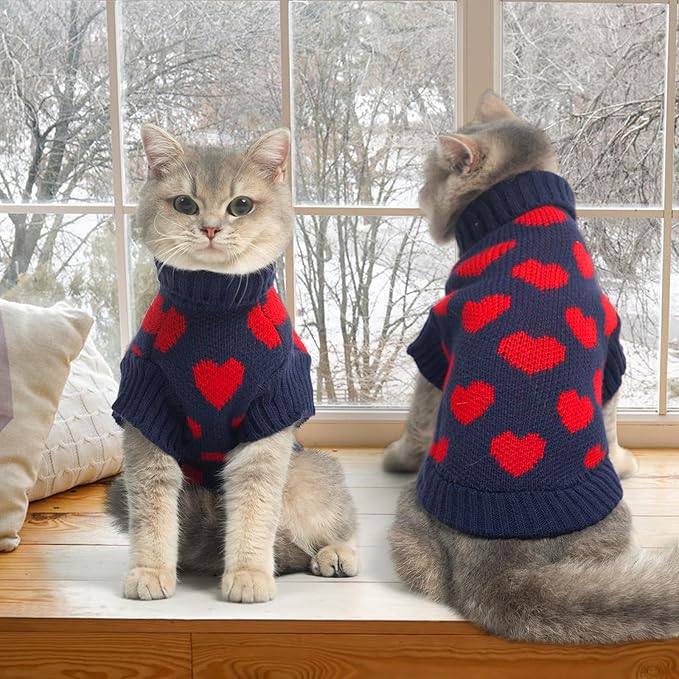 KOOLTAIL Cat Sweater Turtleneck- Soft Knit Cat Sweaters for Cats Only, Cat Christmas Sweater Red Heart Love Pattern Thick Warm Cold Weather Clothes for Small Medium Large Size Kitten Puppy Navy M