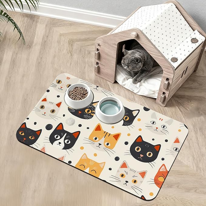 Cats Dog Cat Food Mat,Absorbent Waterproof Placemat for Food and Water Non Slip Rubber Backing Durable Feeding Pad for Clean Floors 12" x 20"