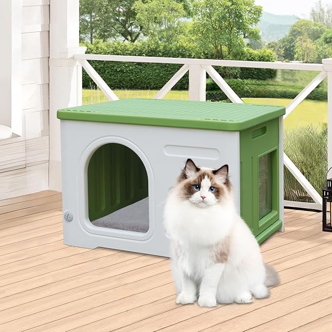 Rockever Plastic Cat House Outdoor with Escape Door, Waterproof Feral Cat House Outdoor Indoor, Sturdy Cat House for Outdoor Cats with Cat Bed Mat, Assemble Easily-Green
