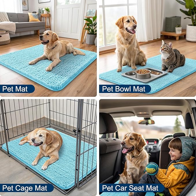 Smiry Dog Door Mat for Muddy Paws 36x24, Absorbs Moisture and Dirt Doormat, Non-Slip Washable Quick Dry Chenille Front Door Mat Indoor Entrance, Entryway Carpet for Inside Floor, Sky Blue